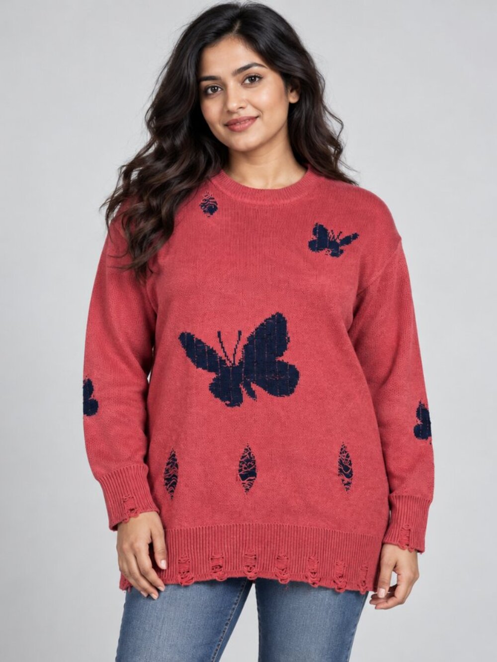 Aelfric Eden Distressed Butterfly Sweater Large Red Black Oversized Y2K